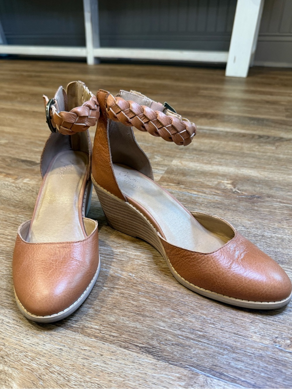 Unique Vintage Tan Braided Ankle-Strap Wedge Pumps